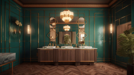 Luxurious Art Deco bathroom, emerald green walls, marble sinks, gold-framed mirrors. Modern classic interior.の素材