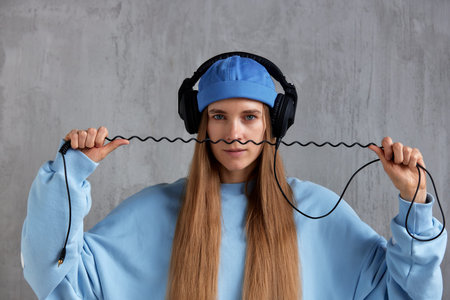 Portrait of a young pretty long-haired girl in a blue sweater and cap wears DJ headphones on her...