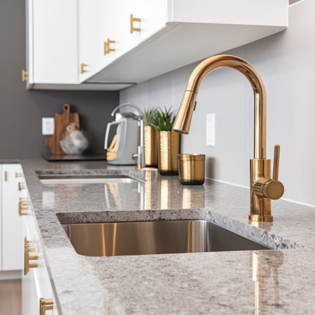 Gold-colored kitchen faucet with a sink on a marble countertop. Comfortable and beautiful workspace. Modern kitchen interior design.の素材