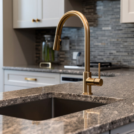Gold-colored kitchen faucet with a sink on a marble countertop. Comfortable and beautiful workspace. Modern kitchen interior design.の素材