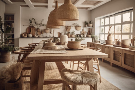 Kitchen and dining room in the original eco-style. Table, chairs, benches, shelves and dishes made of natural wood, wicker lampshades, live plants. Ecostyle in living space.の素材