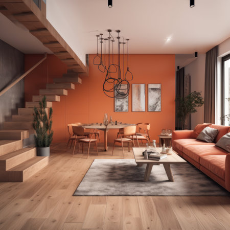 Modern living room with dining area. Fashionable sofa, coffee table, pictures on the wall. Graceful wooden staircase to the second floor. Bright accent wall and sofa in trendy orangeの素材