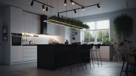 Modern kitchen in a minimalist loft style with a long bar and chairs in a row. Combination of white and black. Living plants in the interior. Comfortable design, effective lighting.の素材