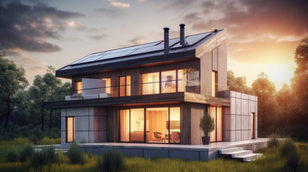 Modern two-story cottage with a spacious terrace and solar panels on the roof. Neat lawn in front of the house. Soft sunset light. The concept of smart home and alternative energy.の素材