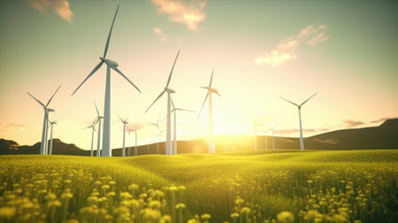 Stunning landscape with several wind generators on a blooming spring meadow under a bright morning sky. The concept of alternative energy, the priority of ecology on the planet.の素材