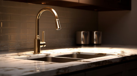 Close-up of a kitchen water faucet with a sink on a marble finished countertop. Modern kitchen interior design.の素材