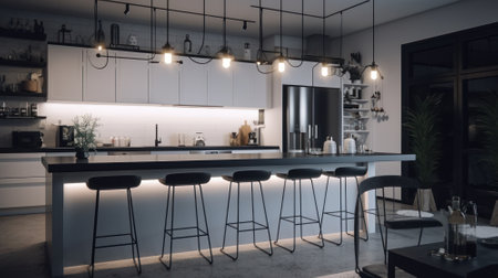 Modern white kitchen in a minimalist loft style with a large breakfast bar and chairs in a row. Comfortable design, effective lighting.の素材