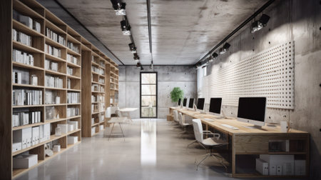 Comfortable and modern office space in loft style. Smooth concrete walls, wooden computer tables and shelving.の素材