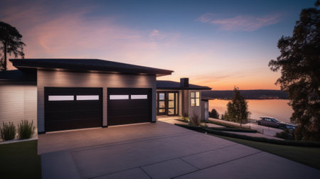Modern luxury villa with white walls, double garage and parking area. Beautiful sunset sky.の素材
