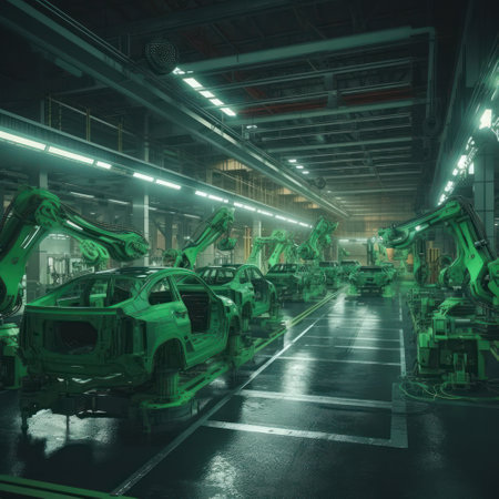 Modern high-tech workshop of an automobile plant. Robotic car assembly. Full mechanization of manual labor.の素材