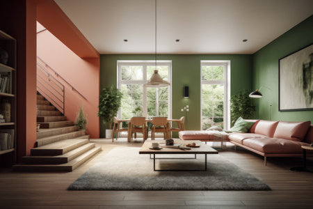 Modern living room with dining area and stairs to the second floor. Comfortable sofas, armchairs, a coffee table, posters on the walls, a vintage carpet on the parquet floor.の素材
