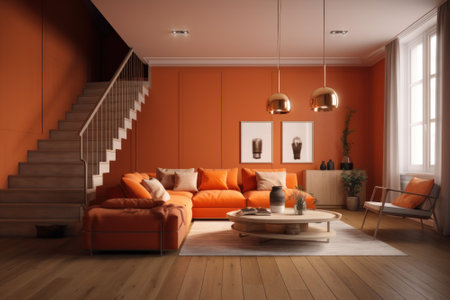 Modern classic living room. Walls and large corner sofa in shades of orange, coffee table, vintage carpet, posters on the walls. Wooden staircase to the second floor.の素材