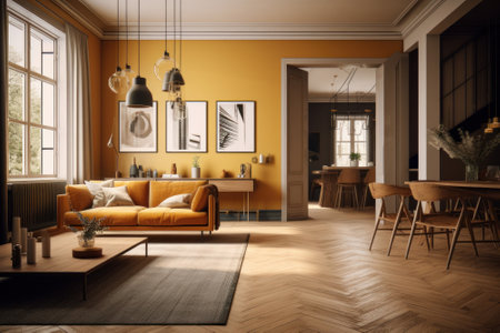 Modern classic living room with dining area. Walls and soft sofa in shades of yellow, French parquet, coffee table, vintage carpet, posters on the walls.の素材