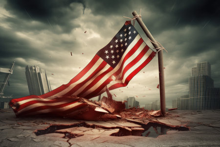 The fallen American flag against the background of destroyed skyscrapers. The collapse of the American economy, inflation, bankruptcy, the destruction of the financial system.の素材