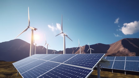 Solar energy panels photovoltaic cells and wind turbines with backdrop of nature landscape, mountains and blue sky. Production of renewable green energy. Sustainable development concept.の素材