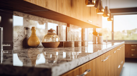 Fragment of a modern kitchen in a luxury home. Quartz countertops, natural wood cabinets, kitchen appliances, table decor, beautiful morning light from the window.の素材