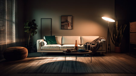 Modern minimalist living room in dark colors. Gray walls, white sofa, ottoman, coffee table, floor lamp, carpet, poster on the wall, plant in a floor pot, blinds on the window. Mockup, 3D rendering.の素材