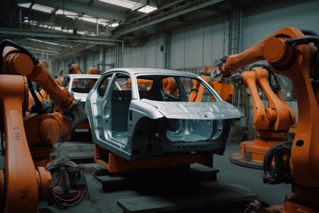 Robotic conveyor line for the assembly of cars. Mechanical assembly of car bodies. Modern automated production of cars in a factory.の素材