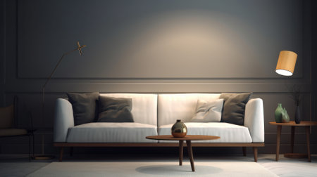 Modern minimalist monochrome living room. Grey walls, large white sofa, round wooden coffee table with a vase, floor lamp. Mockup, 3D rendering.の素材