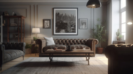 Modern classic living room. Grey wall with posters, leather chester sofa, wooden coffee table, wooden floor, carpet, plants in floor pots, grey curtains on the window. Mockup, 3D rendering.の素材