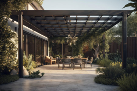Beautiful covered terrace in the green garden of a luxurious country house. Gray tile floor, dining table with wicker chairs, sun canopy. Summer outdoors and relaxation in the patio.の素材