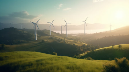 Wind turbines on the green hills against the colorful sunset sky. Production of renewable green energy. Sustainable development concept. Mock up, 3D rendering.の素材