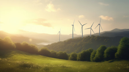 Wind turbines on the green hills against the colorful sunset sky. Production of renewable green energy. Sustainable development concept. Mock up, 3D rendering.の素材