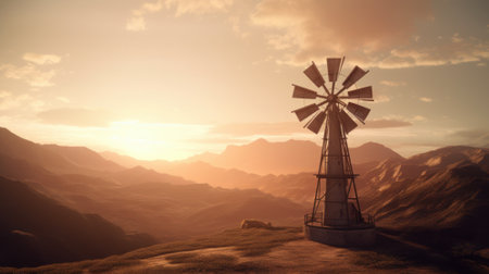 A traditional old wind generator on a hillside against the background of beautiful mountains and a bright sunset sky. European historical landscape, romance and beauty of nature.の素材