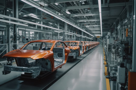 Robotic conveyor line for car assembly. Modern workshop with automated equipment. Mechanical assembly of car bodies. Automated production of cars at the factory, complete replacement for manual labor.の素材