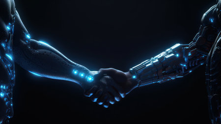 Human and cyborg handshake, human hand and metal hand. Futuristic digital age, robotics, artificial intelligence development, scientific and technological progress. Black background. 3D rendering.の素材
