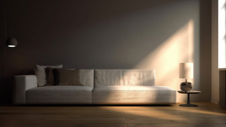 Modern minimalist living room in light monochrome colors. Grey walls, large sofa, coffee table with table lamp, floor lamp, wooden floor, window. Mockup, 3D rendering.の素材