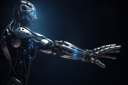 Biorobot with outstretched hand, side view. Metal composite torso, head and arm. AI Humanoid. Robotics and 3D visualization technologies. Dark blue background. Copy space.の素材