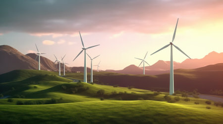 Wind turbines on the green hills against the colorful sunset sky. Production of renewable green energy. Sustainable development concept. Mock up, 3D rendering.の素材