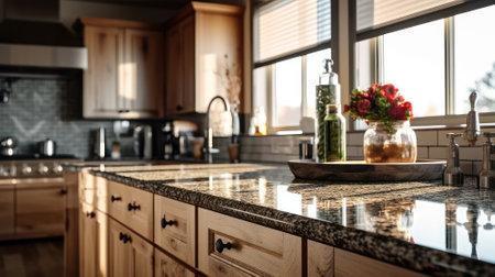 Fragment of a modern kitchen in a luxury home. Quartz countertops, natural wood cabinets, kitchen appliances, table decor, beautiful morning light from the window.の素材