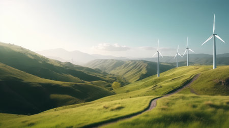 Wind turbines on the green hills against the colorful sunset sky. Production of renewable green energy. Sustainable development concept. Mock up, 3D rendering.の素材