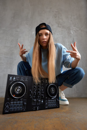 A young pretty long-haired DJ girl in a blue sweater, jeans and a black baseball cap poses with a...
