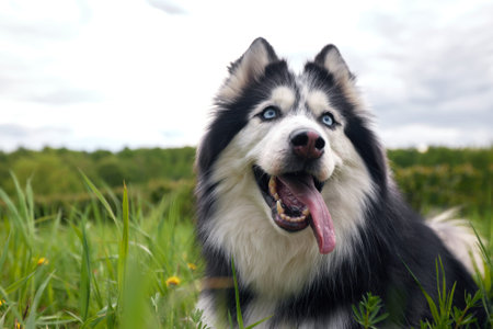 A black and white dog of the Siberian Husky breed lies on a green summer lawn among grass and...