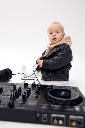 A cute kid in a beige hoodie and a funny black motorcycle jacket sits on the floor with dj headphones and a dj mixing console. Music and fun. Isolate on a white background.の写真素材