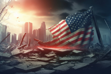 The fallen American flag against the background of destroyed skyscrapers. The collapse of the American economy, inflation, bankruptcy, the destruction of the financial system.の素材