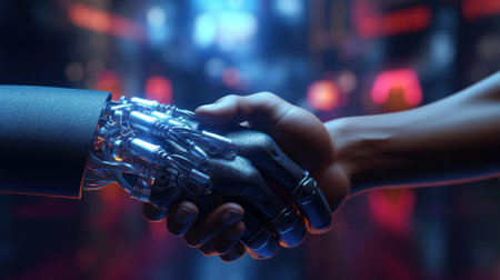 Handshake of a cyborg and a human on a red-blue blurred background. Metal hand and human hand. Futuristic digital age, robotics, digital technologies, scientific progress. Mock up, 3D rendering.の素材