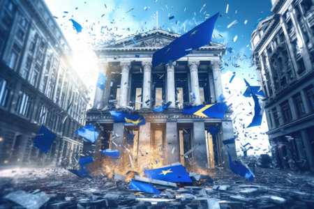 The building of the European bank is collapsing, the flag of the European Union is disintegrating. Bank bankruptcy. Banking crisis, falling stocks. The collapse of the financial system. 3D rendering.の素材