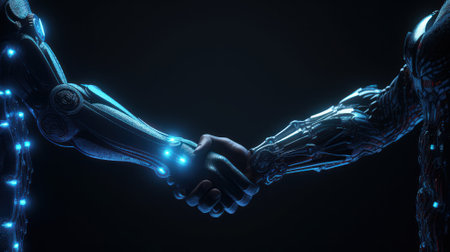 Handshake of two cyborgs, two metal anthropomorphic hands reaching out to each other. Futuristic digital age, robotics, digital technologies, scientific and technological progress. Black background.の素材