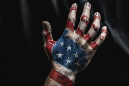 A human hand painted in the colors of the American flag against the blurred black background. White, red and blue colors. American patriotism concept. Mock up, 3D rendering. Copy space.の素材
