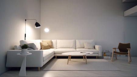 Modern minimalist living room. White empty walls, large corner sofa, round coffee table, wooden armchair, floor lamp, gray carpet. Mockup, 3D rendering.の素材