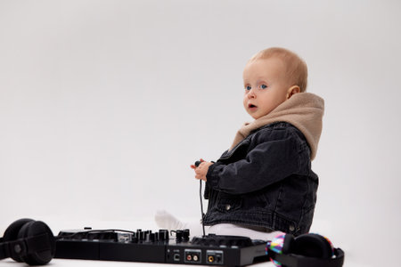 A cute blonde baby in a beige hoodie and a funny black motorcycle jacket sits on the floor and plays with dj headphones and a dj mixing console. Music and fun. Isolated on a white background.の写真素材