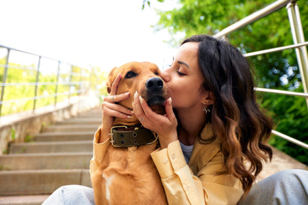 A charming young girl is sitting on the steps in the park with a golden dog on a sunny day. The girl...