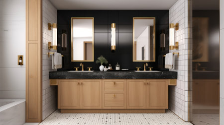 Spacious modern master bathroom with two sinks. White and black tiled walls, black marble top, large precious wooden cabinet with drawers, large mirrors, gilded faucets, wall lamps. 3D rendering.の素材