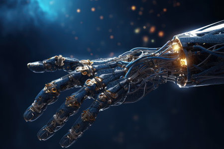 Close up image of cyborg hand, anthropomorphic hand, metal and wires. Futuristic digital age, robotics, digital technologies, scientific and technological progress. Blurred blue background.の素材