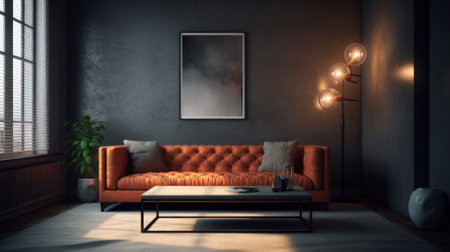 Interior of modern cozy living room in gray and terracotta tones. Leather Chester sofa with pillows, coffee table, trendy floor lamp, poster on the wall, large window, modern home decor. 3D rendering.の素材