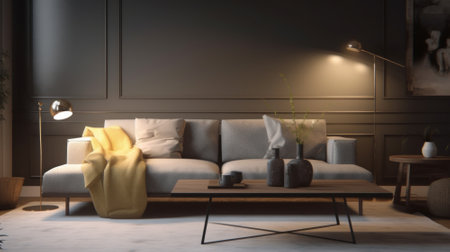 Interior of modern cozy living room. Gray wall, stylish sofa with pillows and plaid, coffee table, floor lamps, poster on the wall, carpet on the floor, modern home decor. Mockup, 3D rendering.の素材